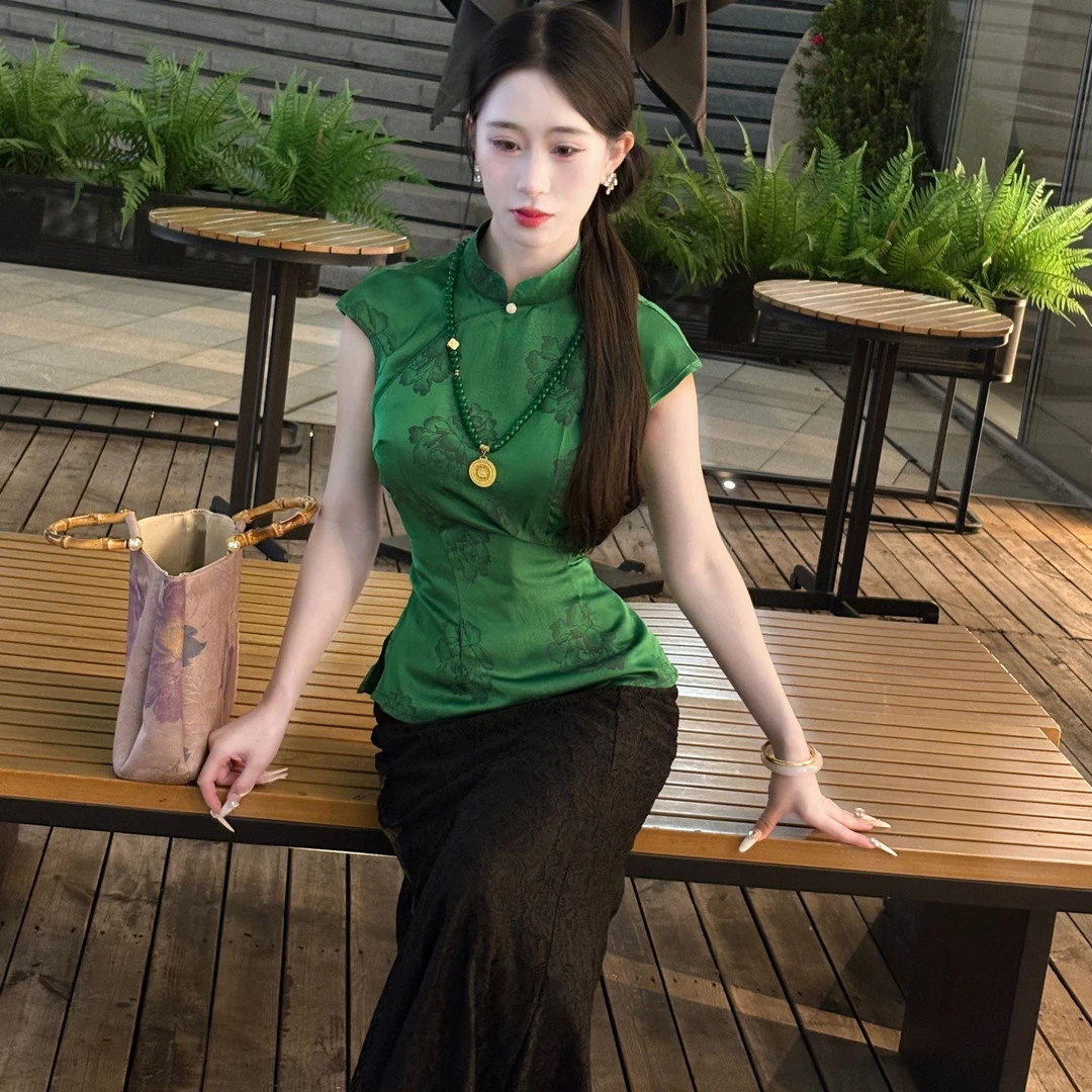 画报夫人原创自制显瘦新中式旗袍上衣 祖母绿牡丹