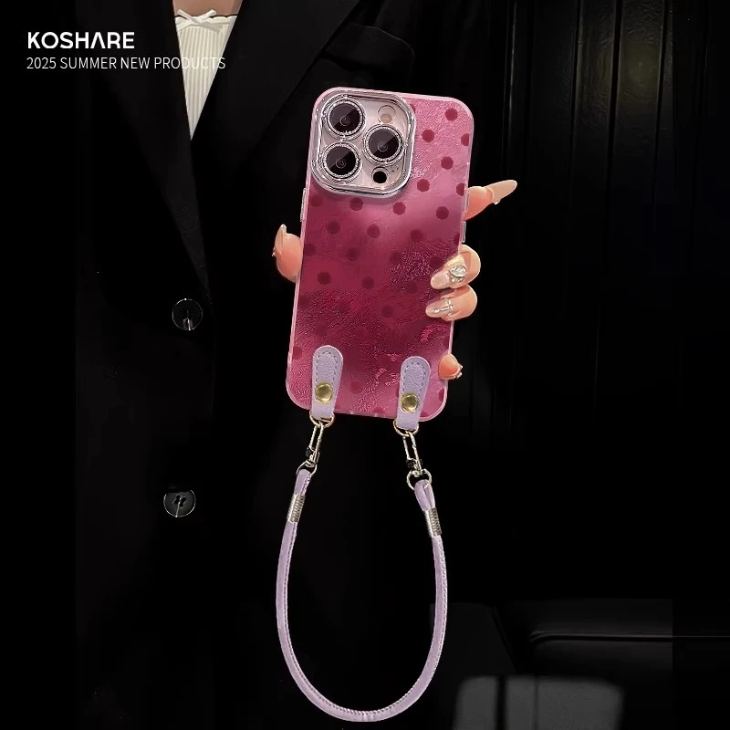 适用苹果16promax手机壳手提挂绳iPhone15pro波点爱心晕染挂绳14p