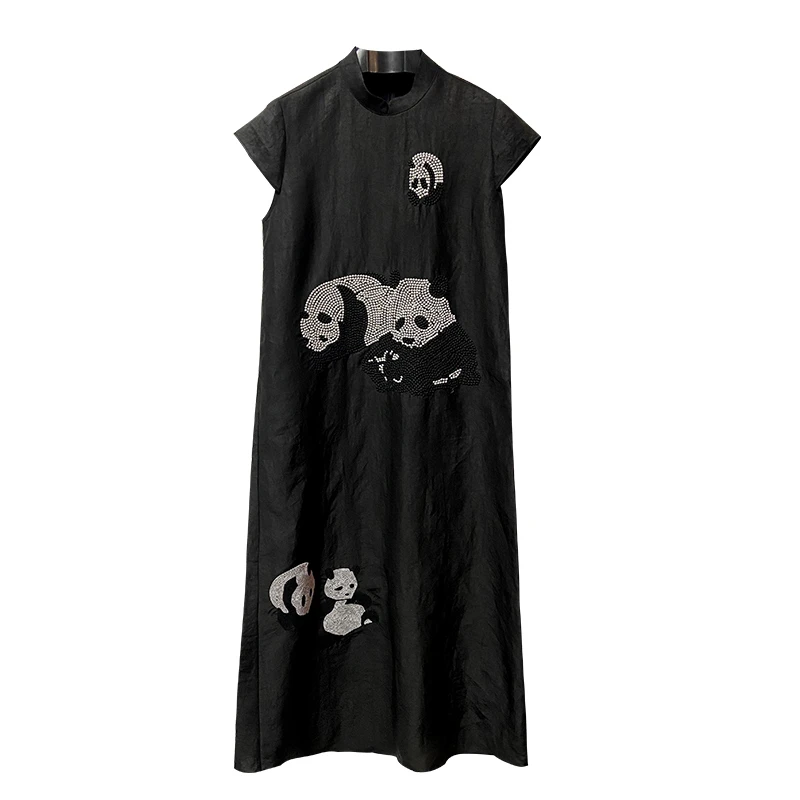 SUOER/娑尔【朵朵】100桑蚕丝黑底熊猫刺绣香云纱连衣裙SF2LB0287