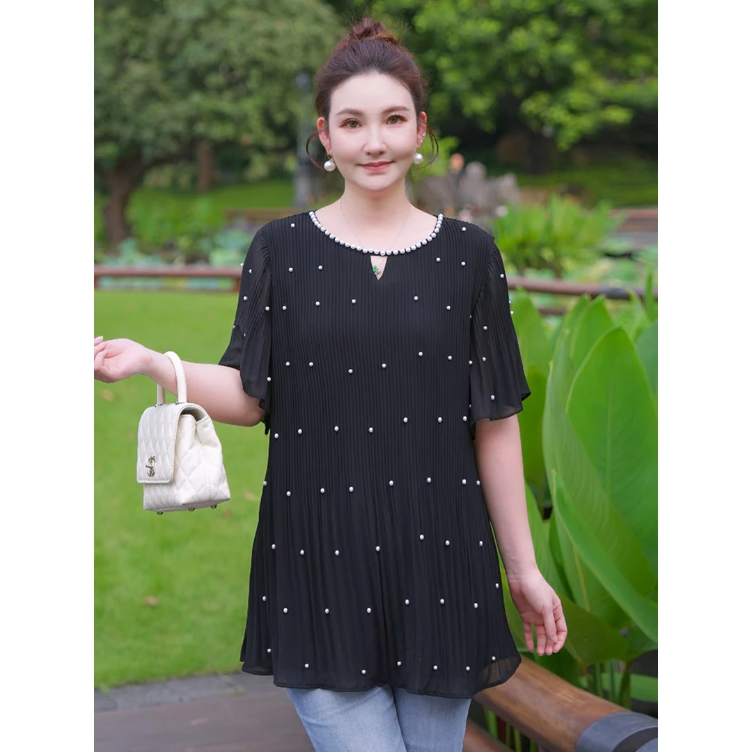 【缀珠雅韵】MsShe大码女装2025新款夏装钉珠显瘦小衫S~E2506051