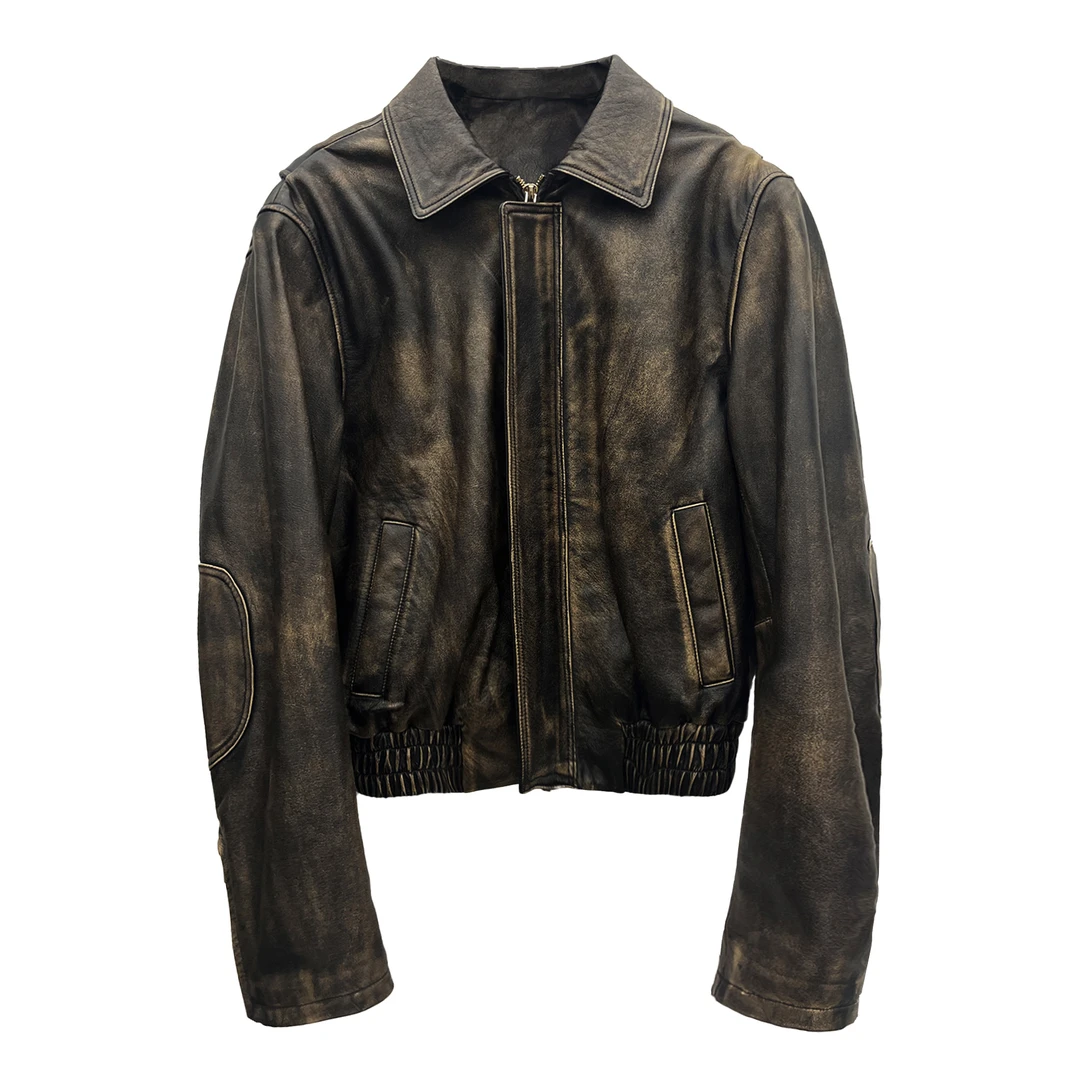 JACQUES WEI 复古做旧擦色短款皮夹克