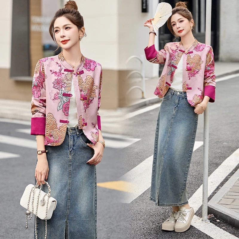 新中式国风提花外套女短款2025春秋新款洋气减龄复古盘扣唐装上衣
