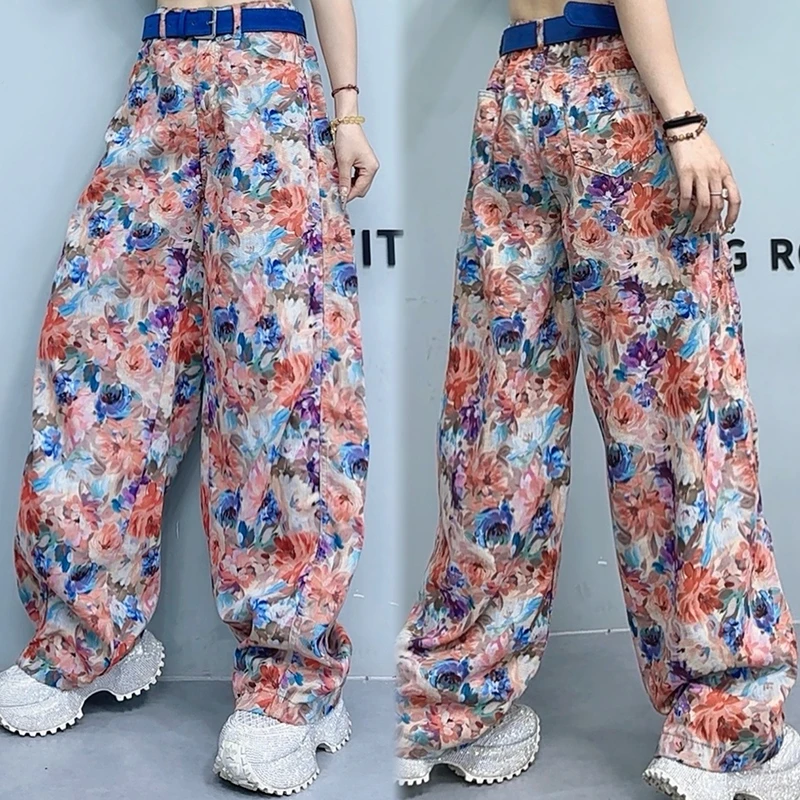 2025新款提花阔腿休闲裤女时尚大码胖mm宽松显瘦百搭拖地裤-7027