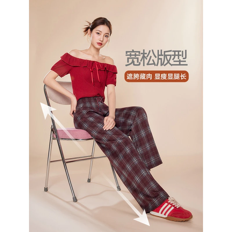 IEF/爱依服2025秋季新款韩版复古格子宽松休闲百搭垂感家居裤