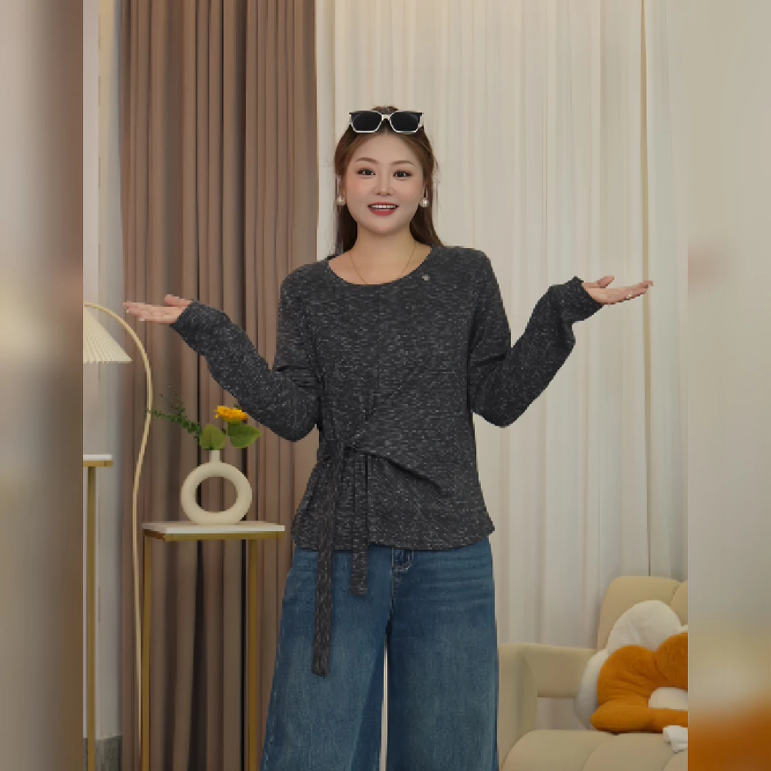【大源美树】秋季新款气质时尚百搭套头设计感圆领系带T恤9133