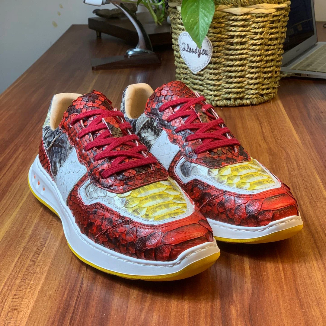 新款红色蟒皮黄底休闲鞋时尚拼色运动鞋男鞋厚底潮流男子轻便潮鞋