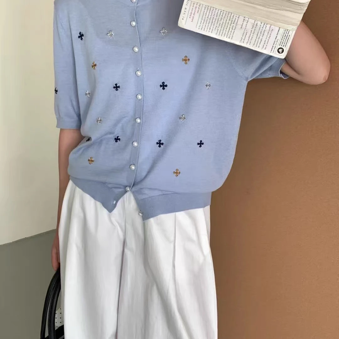 WTT-7716 夏季新款蝴蝶结刺绣针织短袖薄款气质宽松百搭小衫上衣