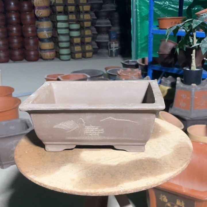 32紫泥刻绘马槽花盆花盆