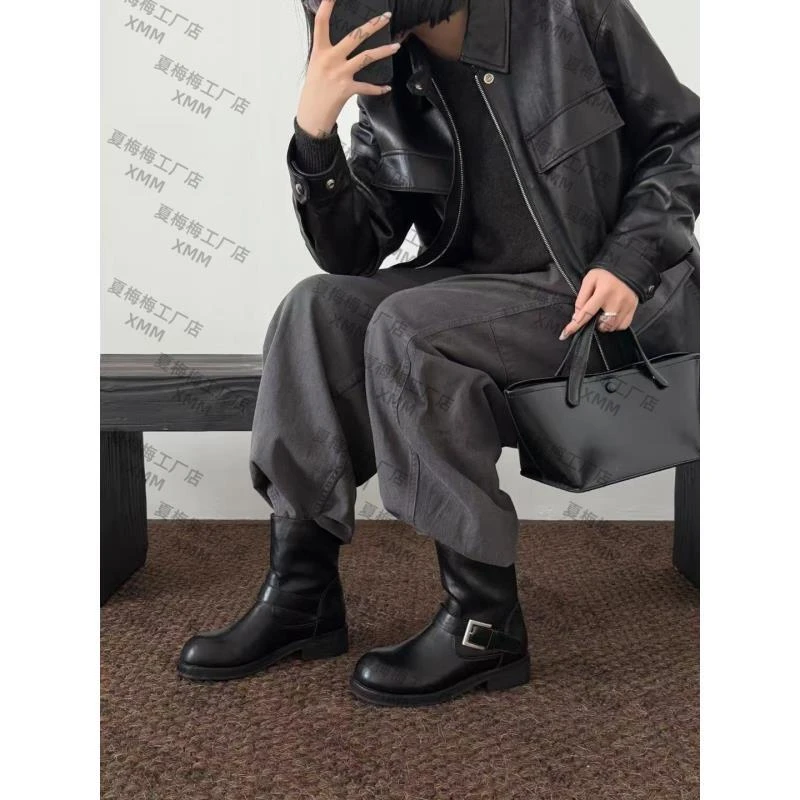 XMM.【真皮搭扣战靴 】 时装靴黑色女鞋厚底复古休闲秋冬J7800-1912