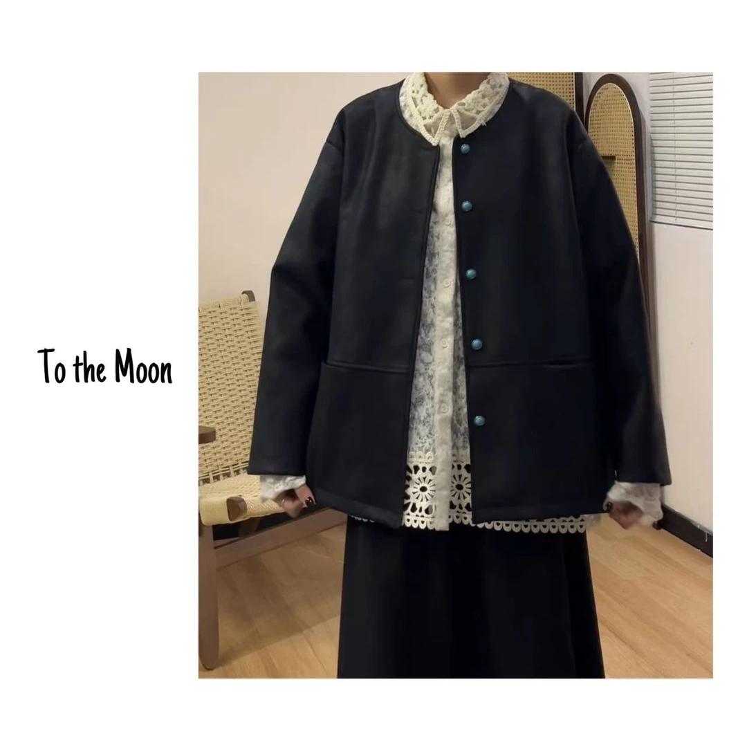 UpSd 原创【多瑙河】圆领皮衣绿松石色扣外套休闲长袖百搭宽松潮流