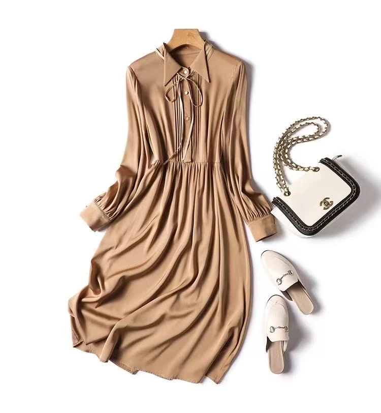 小静折扣~W017P 春装新款风琴褶飘带优雅长袖连衣裙 （卡码拍大）