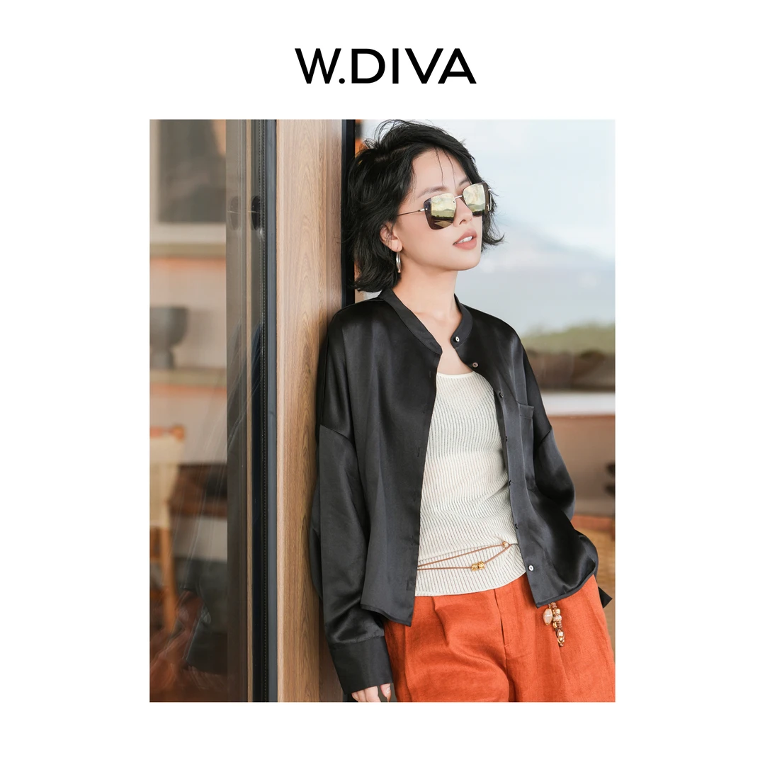 W.Diva【远山黛】22MM素绉缎香云纱气质立领落肩长袖外套52C112303