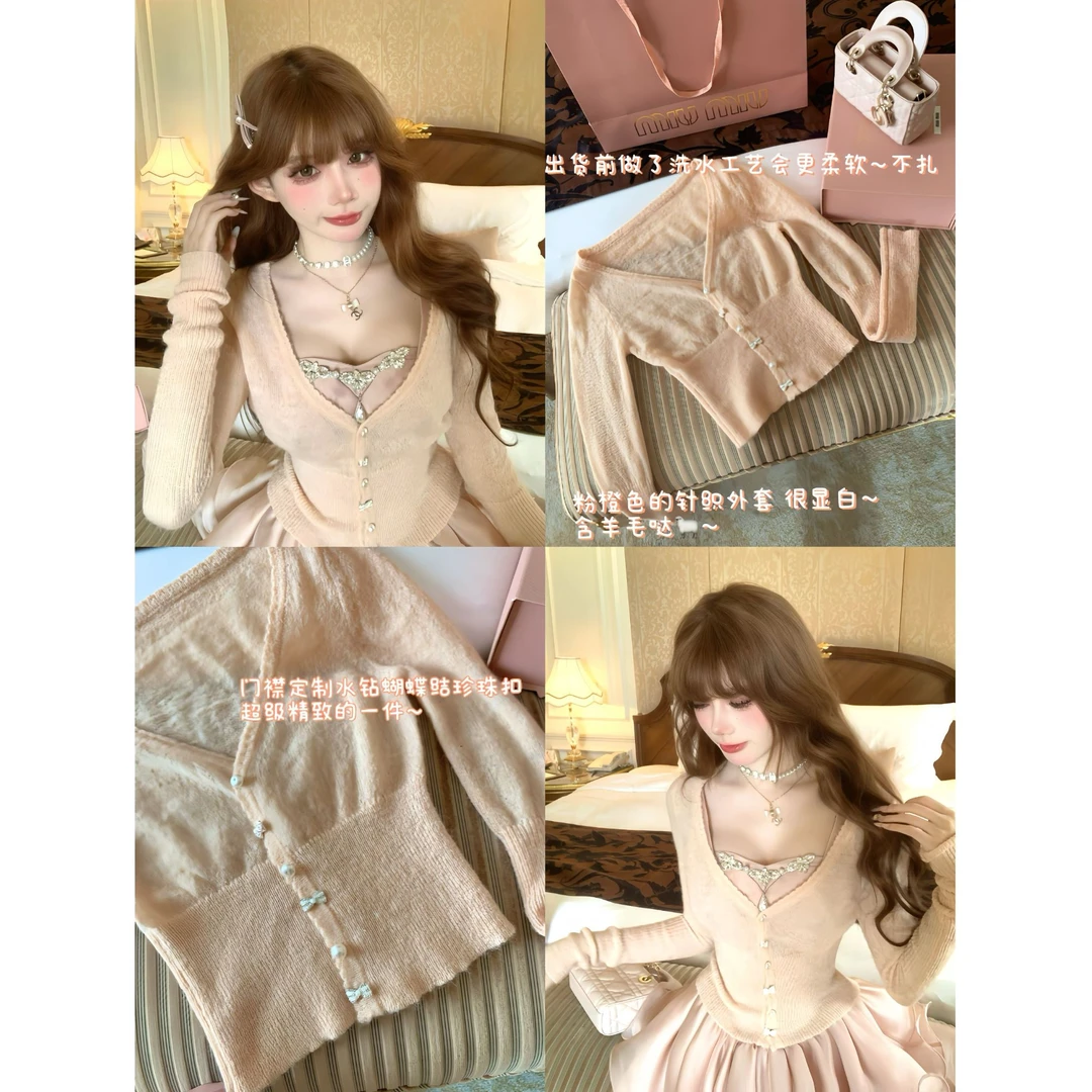 SISI JIANG"甜梦少女"温柔甜美休闲舒适收腰显瘦珍珠扣针织衫上衣