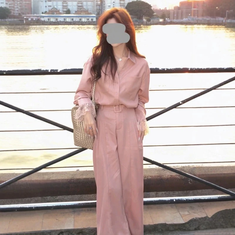 欧洲站2025夏季新款老钱风蕾丝拼接长袖衬衫女高腰阔腿裤时尚套装