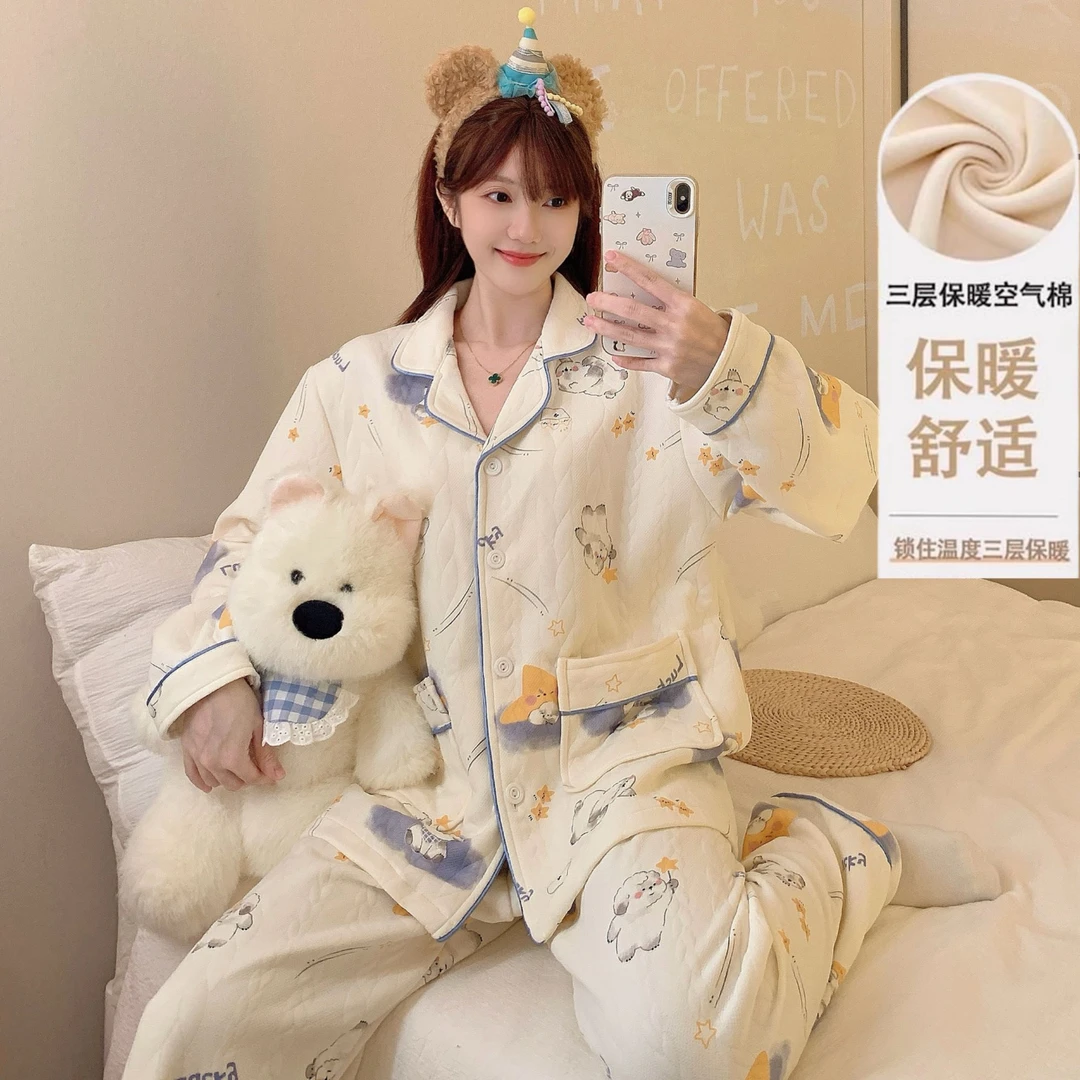 芯语婷秋冬季新款翻领开衫空气棉女睡衣御寒保暖夹层长袖卡通套装