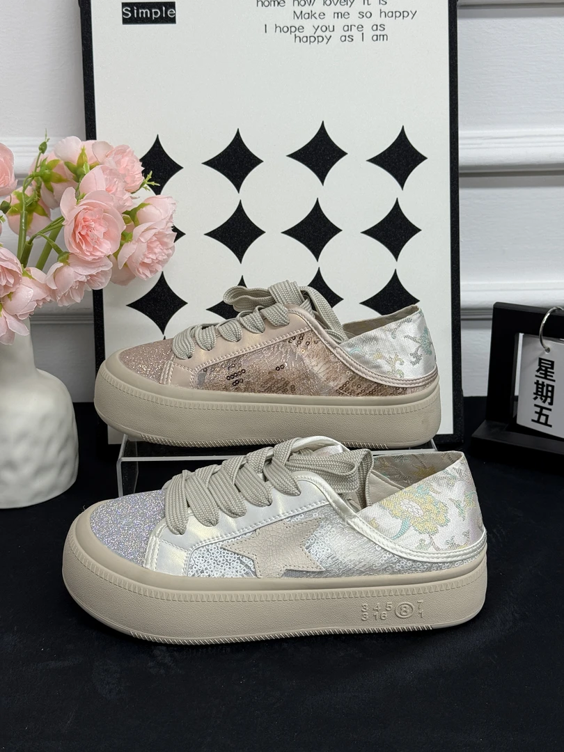 春季系带深口板鞋透气时尚休闲鞋休闲鞋小香风网面蕾丝厚底1326