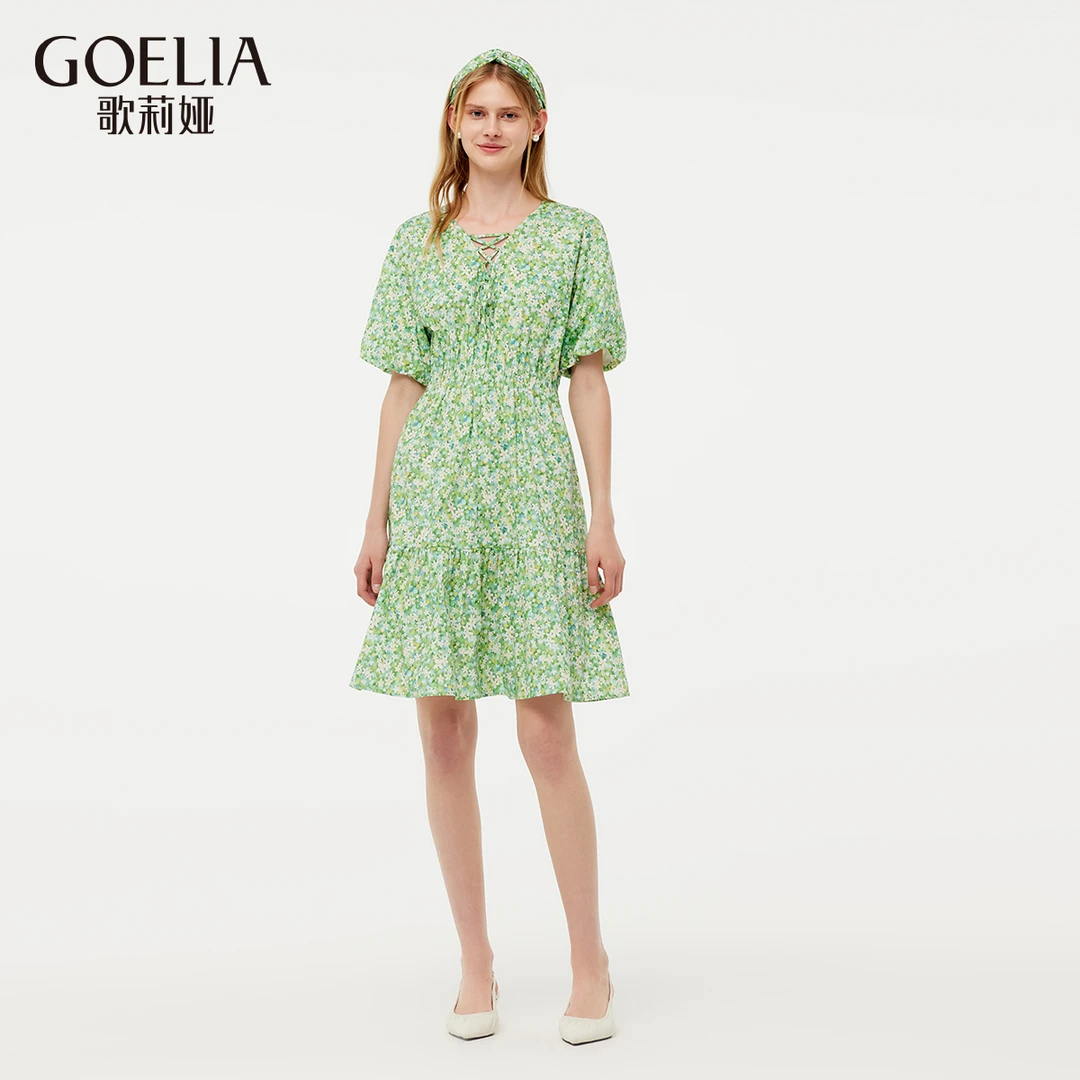 商场同款新品歌莉娅印花连衣裙+头饰碎花女士夏季度假裙1E3R4K060