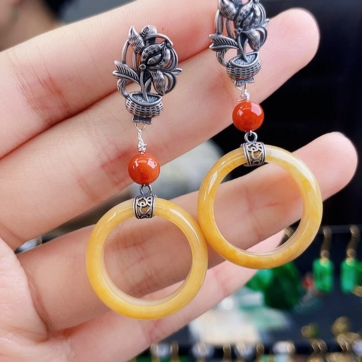 翡翠耳饰银S925镶嵌饰品