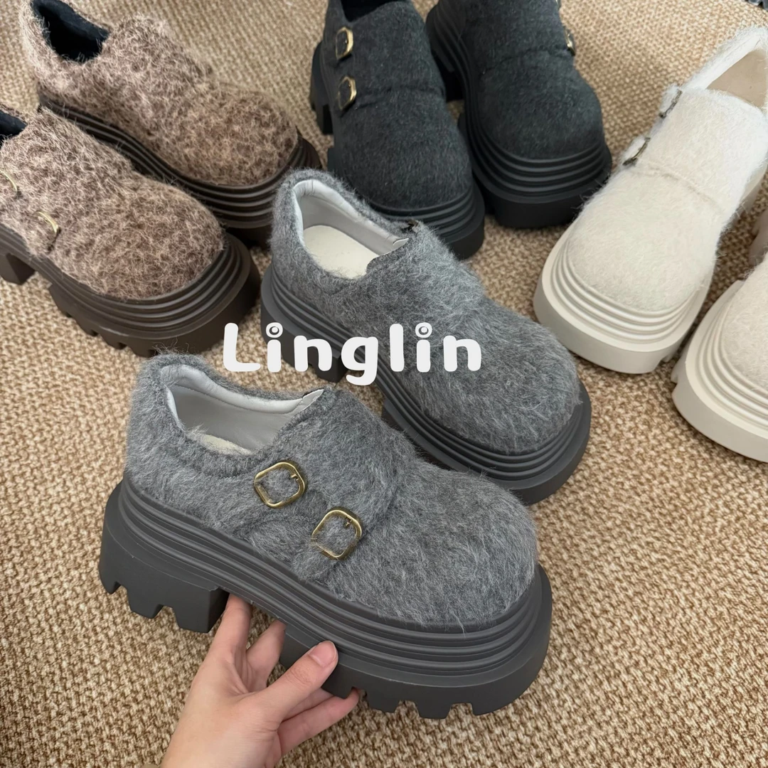 玲lin【毛呢】新款毛呢厚底圆头魔术贴时尚潮流乐福鞋25LF0010