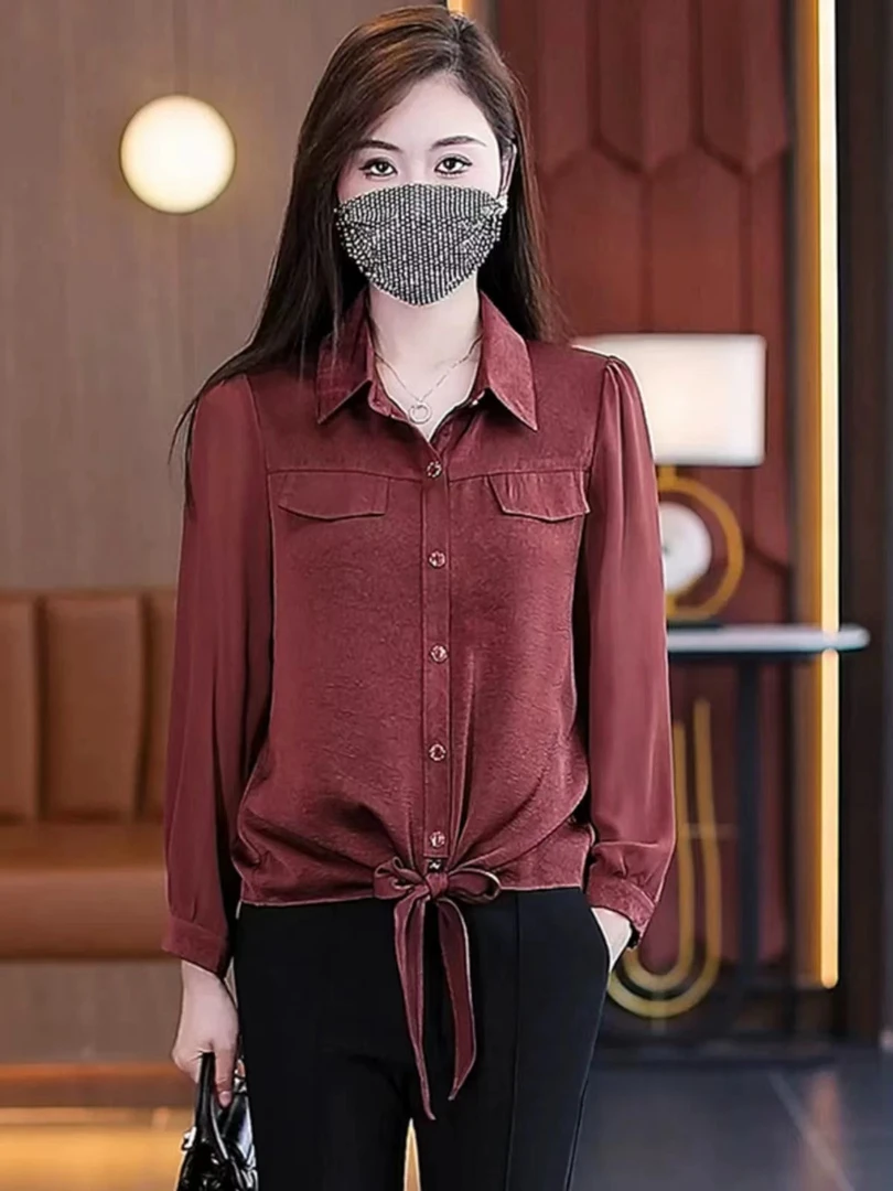 【SY259】2025春秋新款衬衫女洋气减龄气质下摆打结打底衫衬衣