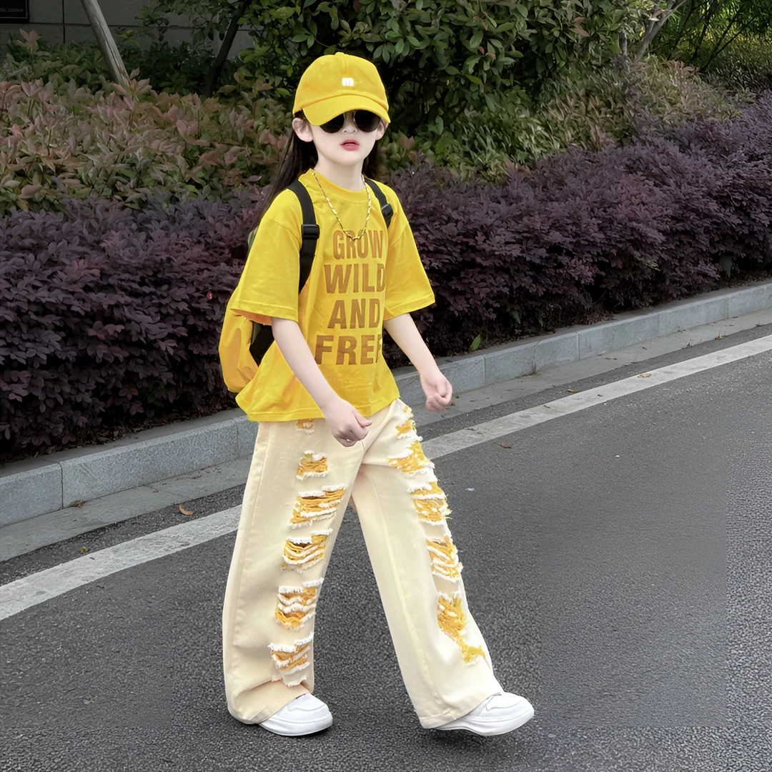 女童韩版夏季套装2025儿童新款洋气宽松T恤破洞牛仔裤薄款两件套