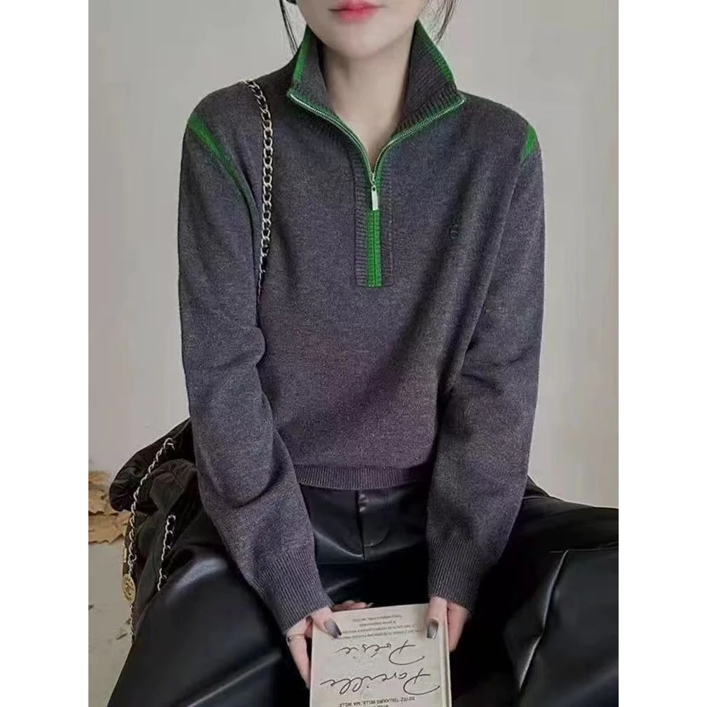 （灰绿精灵）静静家秋冬新款撞色半开拉链柔软时尚套头毛衣f1587