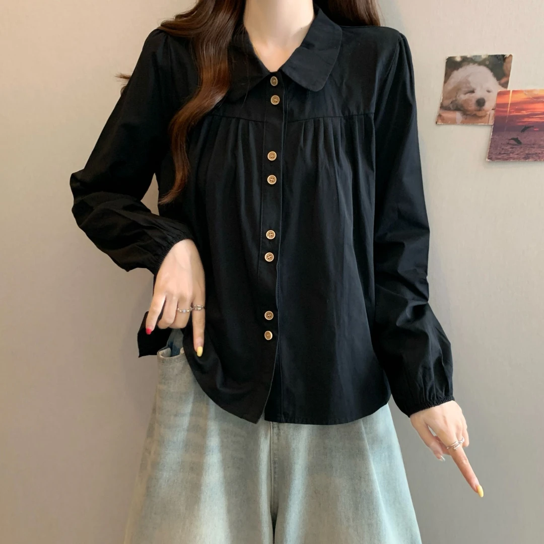 大码遮肚子法式娃娃领长袖衬衫女春秋胖妹妹宽松显瘦百搭洋气上衣