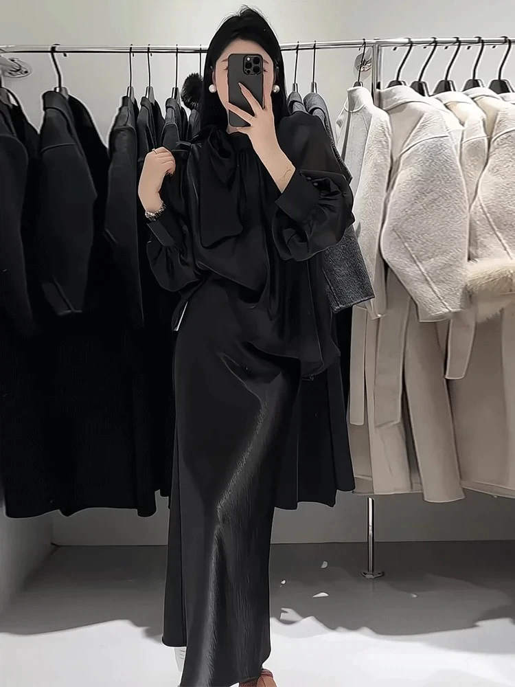 法式黑色蝴蝶结5317系带长袖衬衫宽松显瘦暗黑系衬衫057