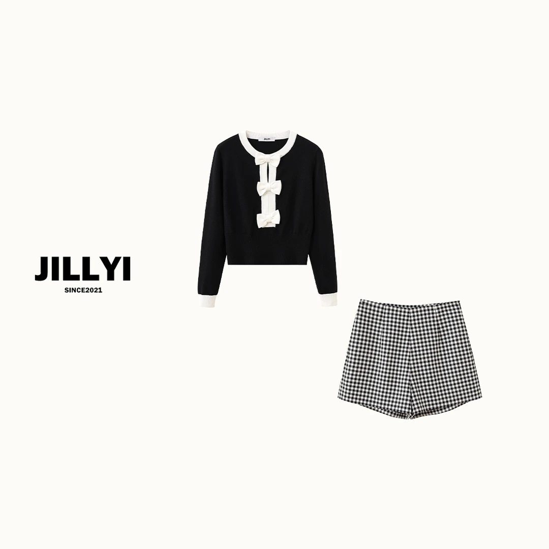 JILLYI珠海店【半糖主义】+【黑白迷宫】黑白撞色蝴蝶上衣+黑白格子短