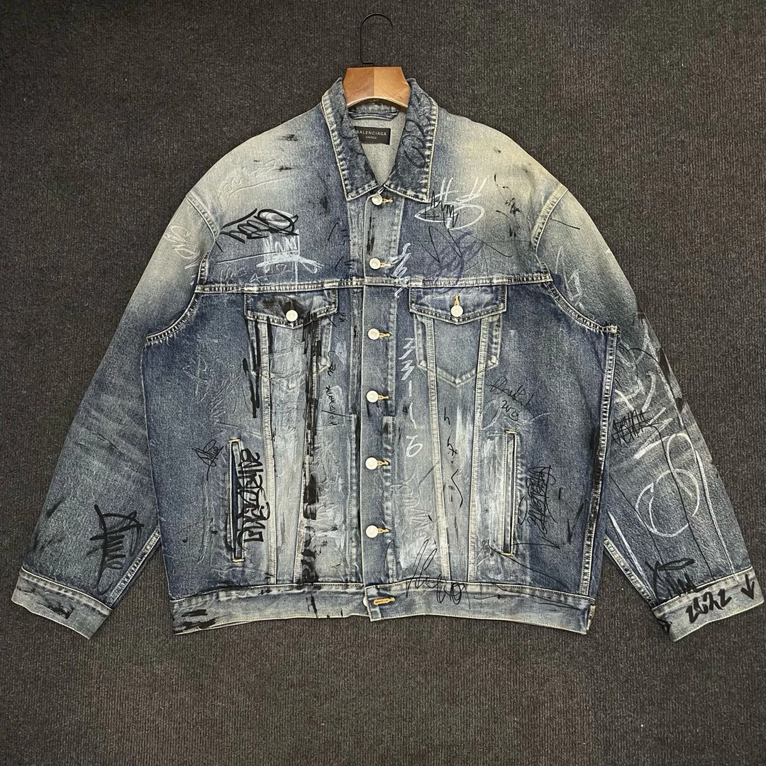 99新 Balenciaga/巴黎世家 SS23涂鸦满印水洗牛仔夹克/尺码1码