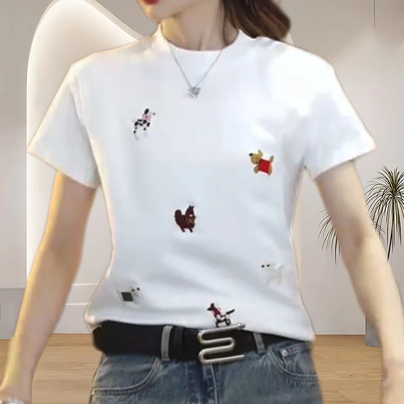 纯棉时尚休闲百搭高品质女士宽松韩版夏季新款半袖刺绣圆领女t恤