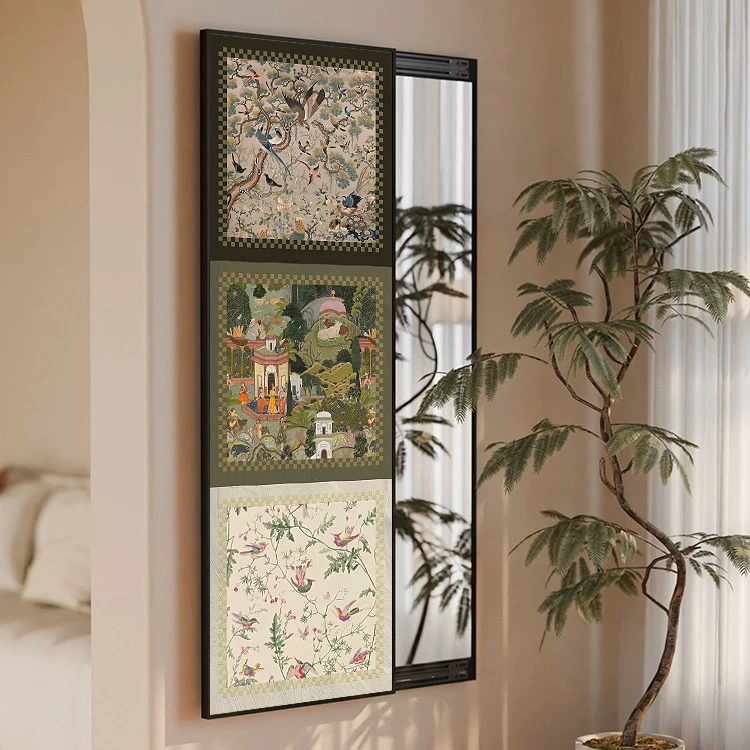 中古风可遮挡镜子关闭推拉隐藏式全身镜隐形穿衣镜壁画家用暗藏