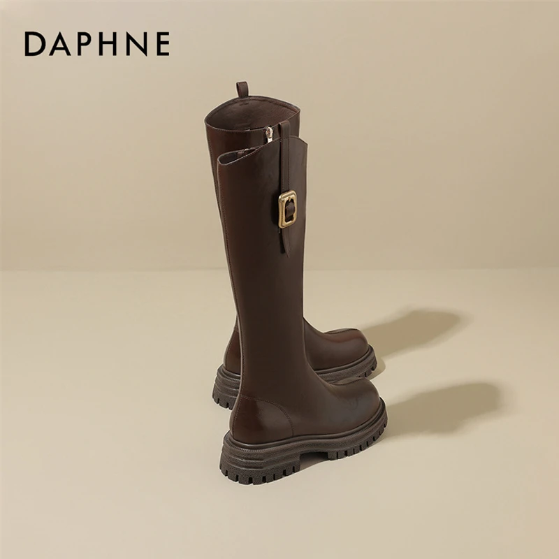 达芙妮厚底长筒靴不过膝骑士靴女2024新款秋冬加绒v口黑色长靴子