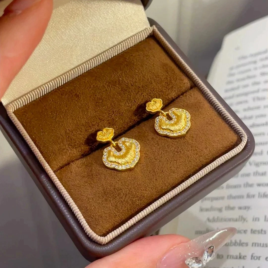 铜合金合成锆石耳饰 复古祥云如意耳环拉丝元宝平安锁耳钉国潮风