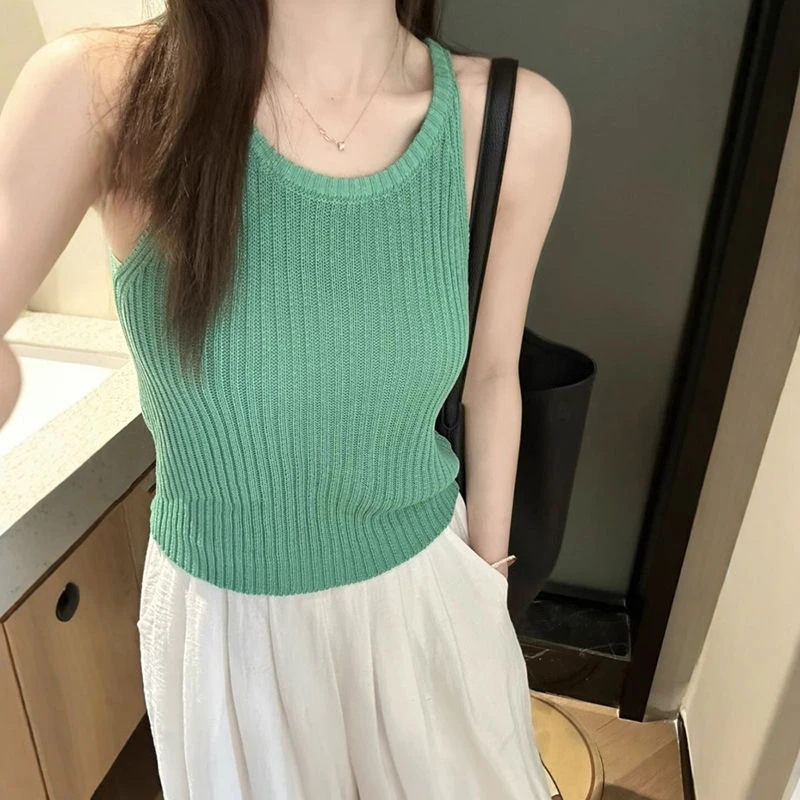 绿色冰丝针织背心女夏季设计感外穿泰式独特小吊带遮副乳无袖上衣