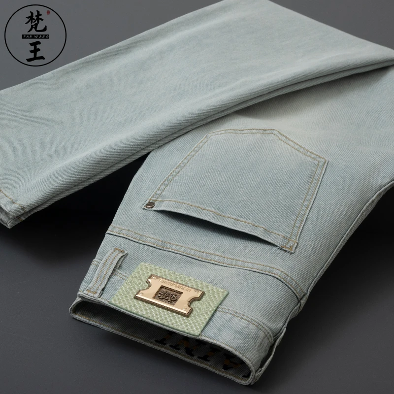 梵王春夏季高端轻奢牛仔裤男青年薄款碧仓蓝直筒休闲百搭九分长裤