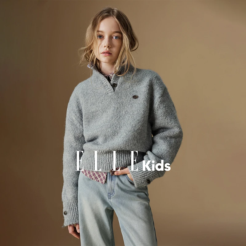 ELLE KIDS 立领粗针套头毛衣女童秋季新款复古防风保暖针织衫Q5