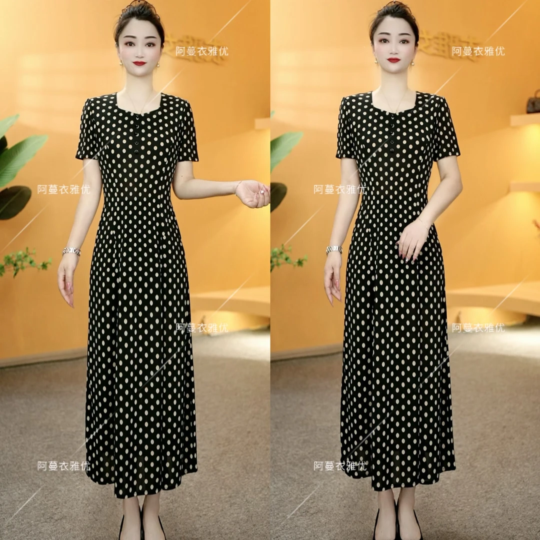 【衣雅严选】8222-2036#夏季新款冰雪丝弹力缎波点显瘦气质连衣裙