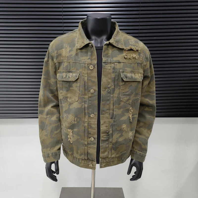 美式复古迷彩牛仔外套春秋季新款潮牌水洗做旧痞帅宽松夹克男士