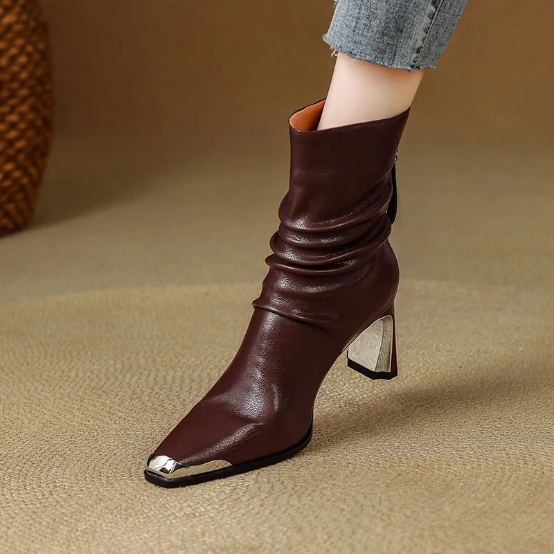 7cm法式方头粗跟短靴后拉链秋冬复古褶皱时尚高跟靴子瘦瘦靴气质