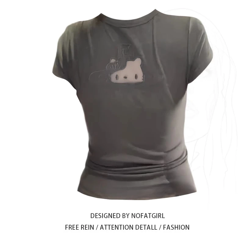 大码胖MM设计感镂空刺绣kt收腰正肩短袖T恤女修身显瘦辣妹上衣夏