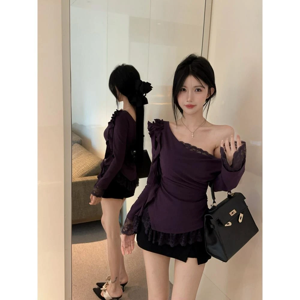 紫色斜肩荡领长袖t恤女秋冬纯欲一字肩上衣假两件蕾丝打底衫内搭