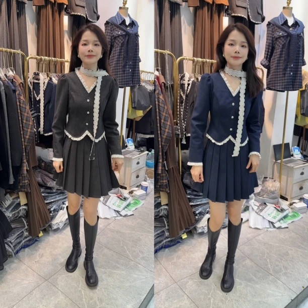 法式高级感通勤套装小个子气质上衣百褶短裙两件套秋季新款1011