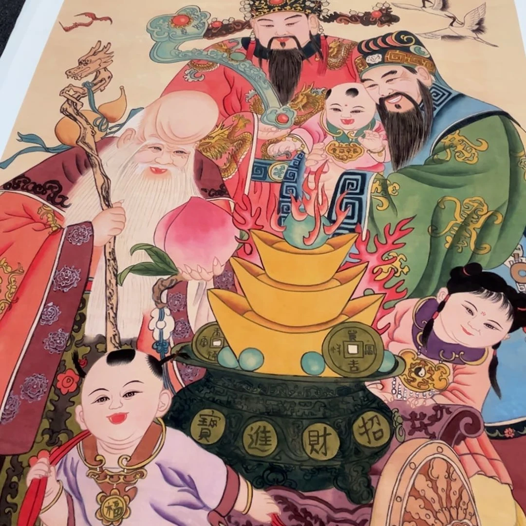 深***月国画秦老师福禄寿喜财带手工轴