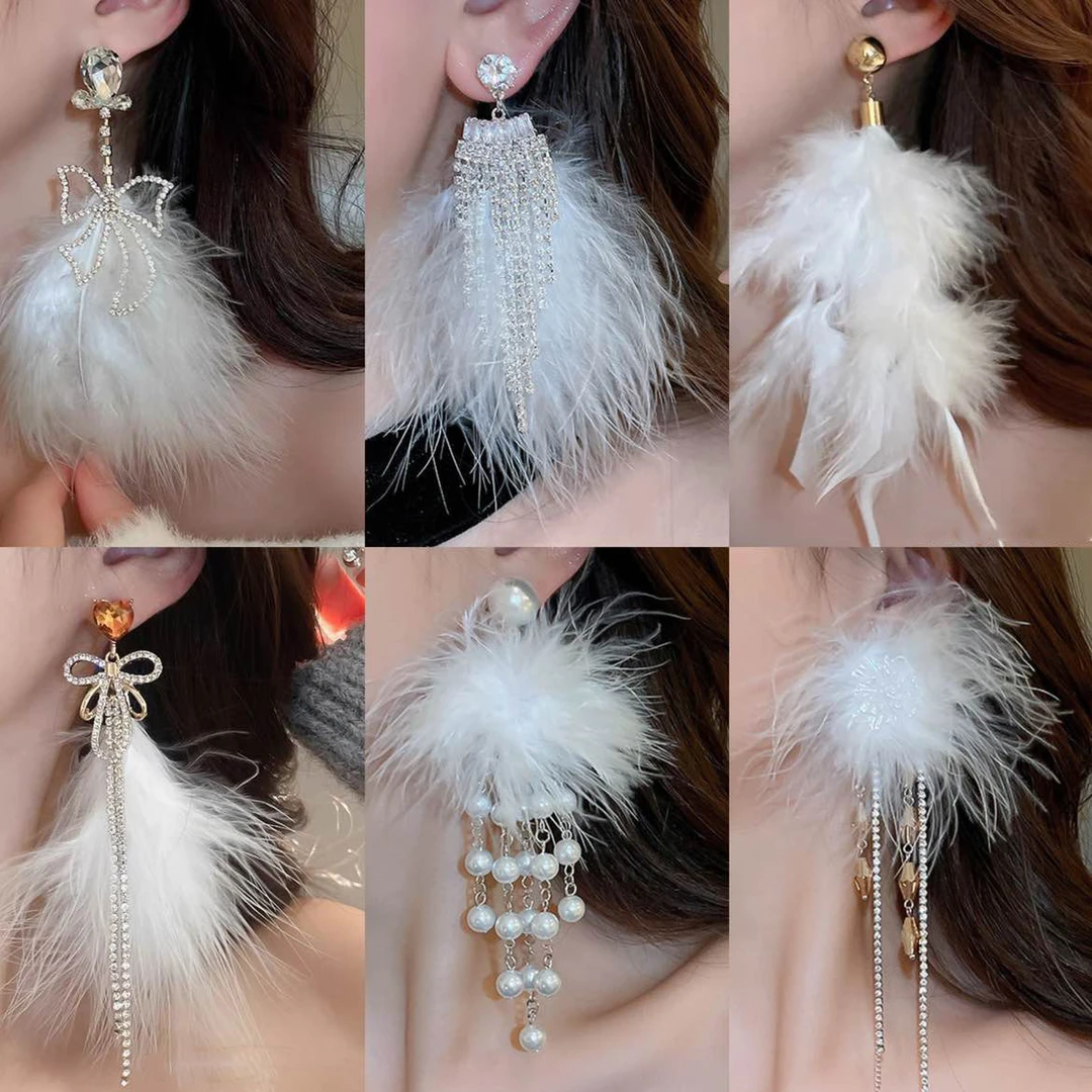 欧美镶钻蝴蝶结羽毛流苏耳钉秋冬气质耳环轻奢时尚高级感耳饰