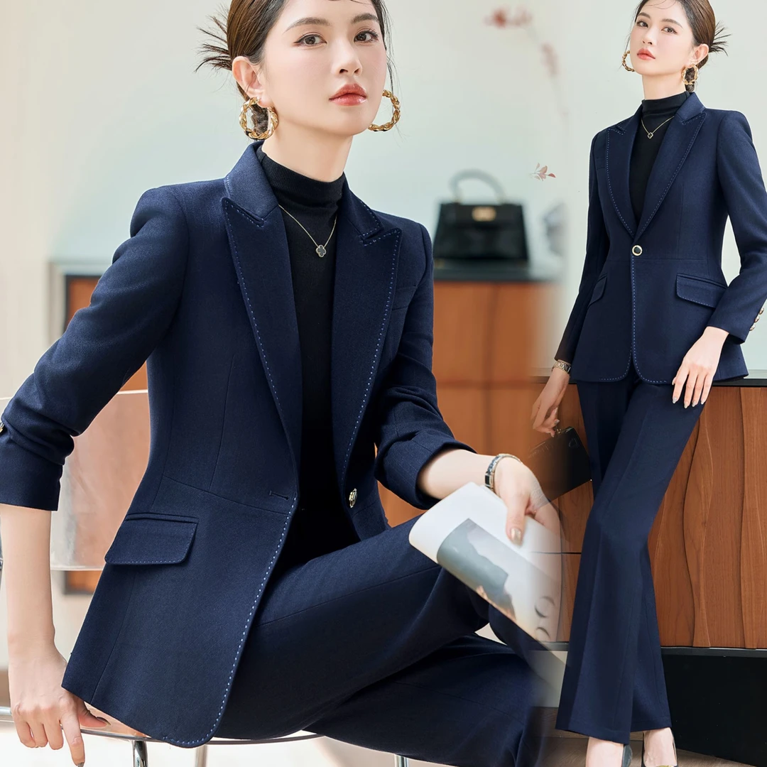 2025秋冬新款高端西服套装藏蓝修身女西装3D明线商务正装工作服