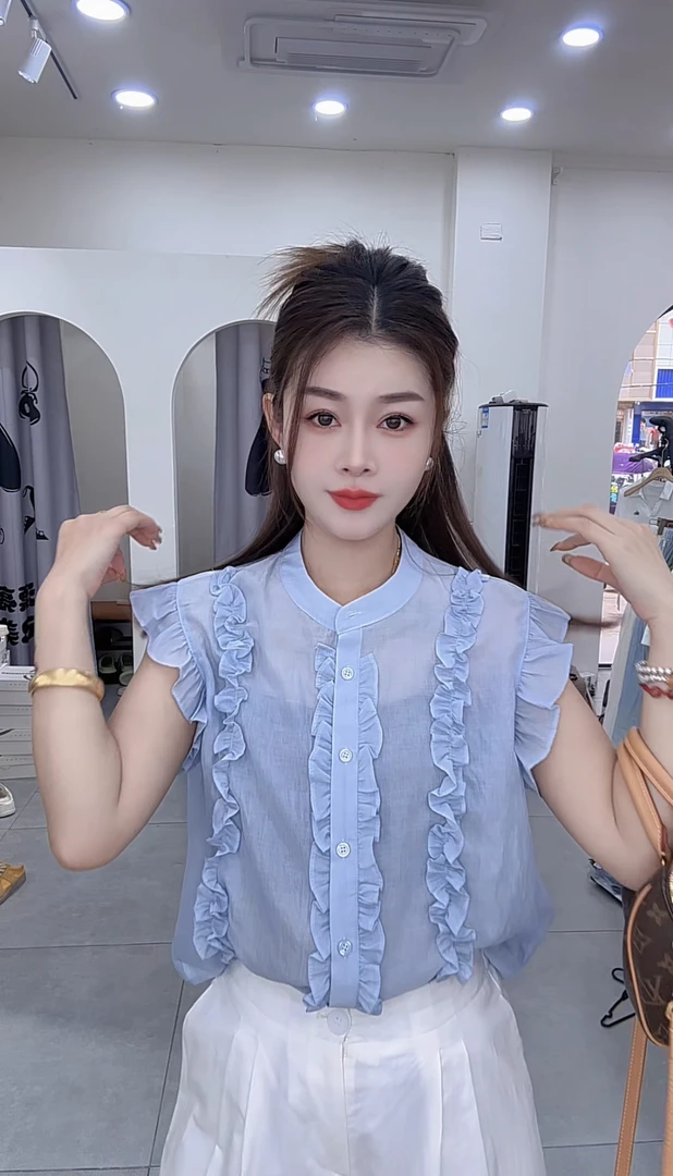 炫彩阁99201【无袖木耳夏季薄款透气衬衫甜美百搭衬衣