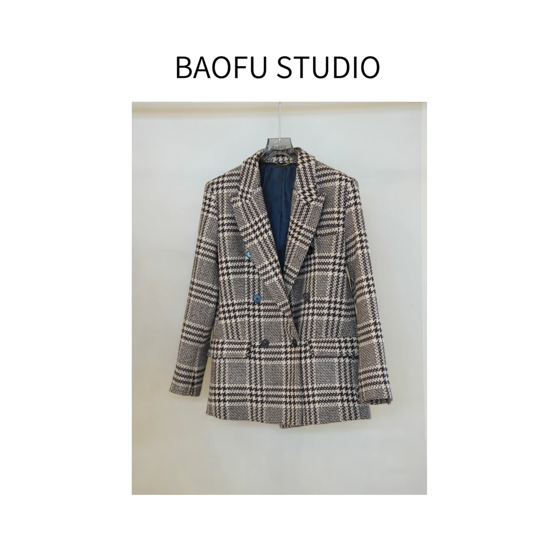 BAOFU studio｜羊毛编织经典千鸟格正肩收腰西装夹克秋冬合身外套
