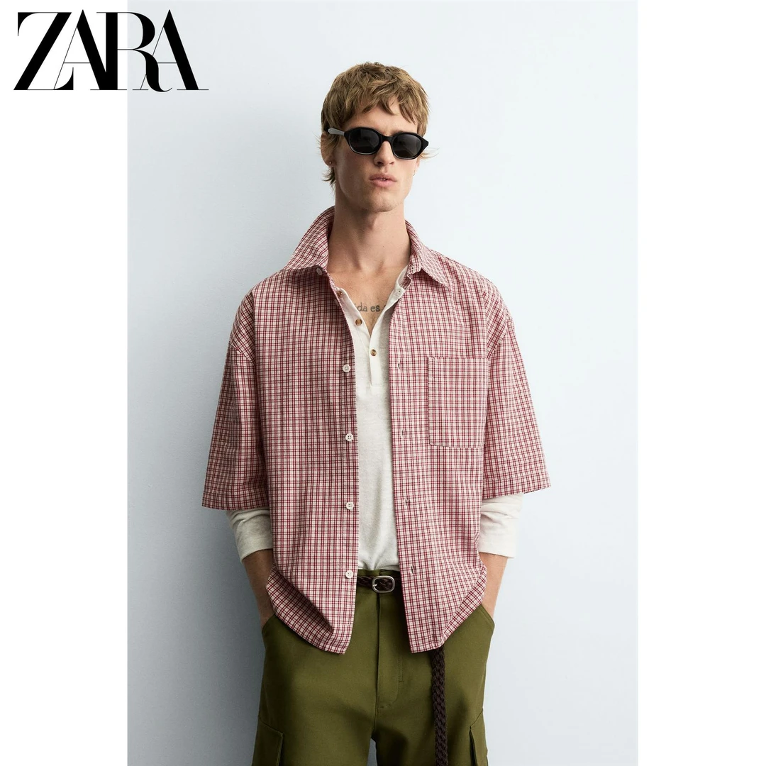 ZARA25秋季新款 男装 棉质短袖格子宽松版型衬衫 7446332 061