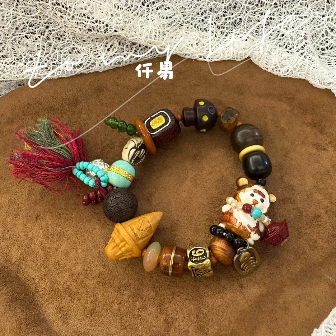 铜合金木质手链 手作鹿角招财熊多宝串珠木香手串手链